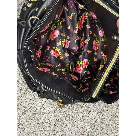 Betsey Johnson Black Bow Satchel Bag with Floral Interior Medium - Picture 11 of 11